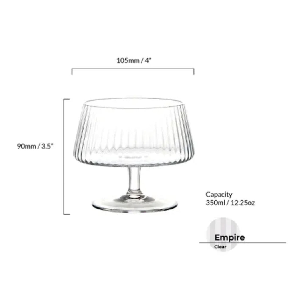 A ribbed glass bowls on a stand with dimensions