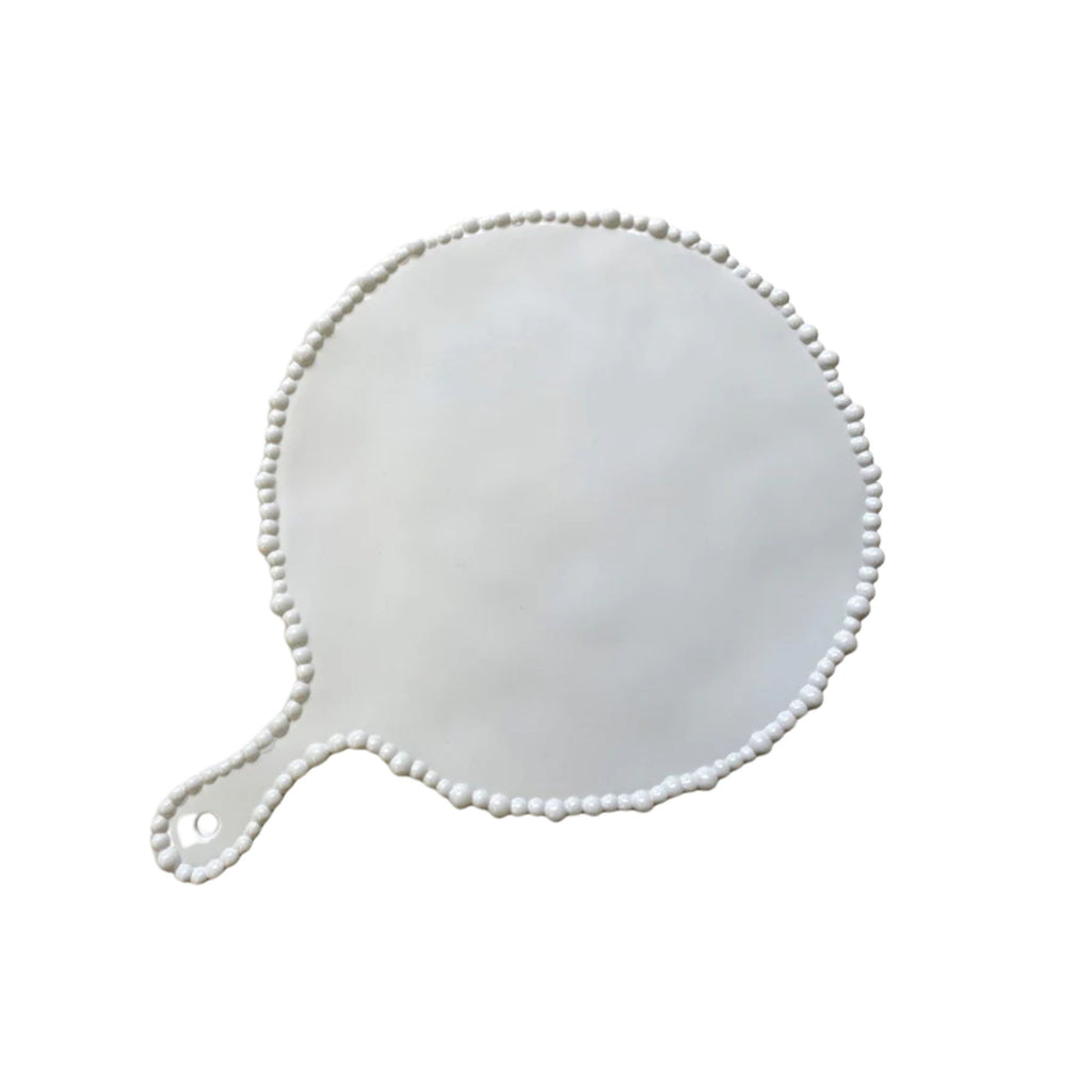 White flat ceramic platter with a handle and pearl edges