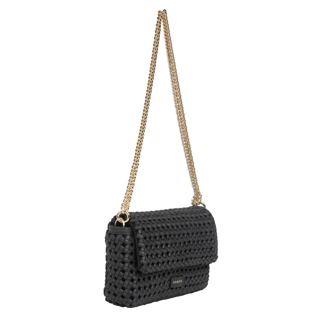 A black Saben brand baguette shaped purse composed of braided black leather with a gold chain