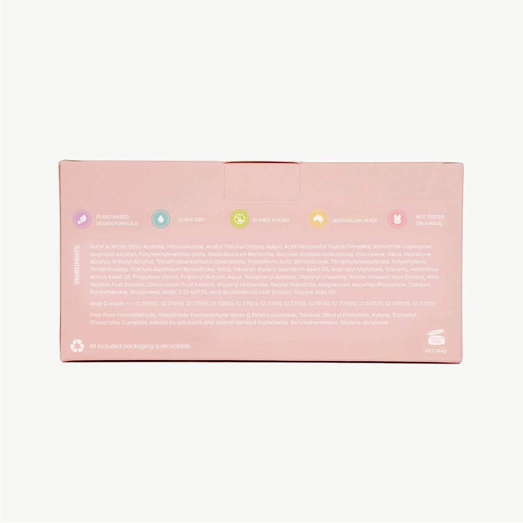 A pink cardboard box with a nail polish ingredient list