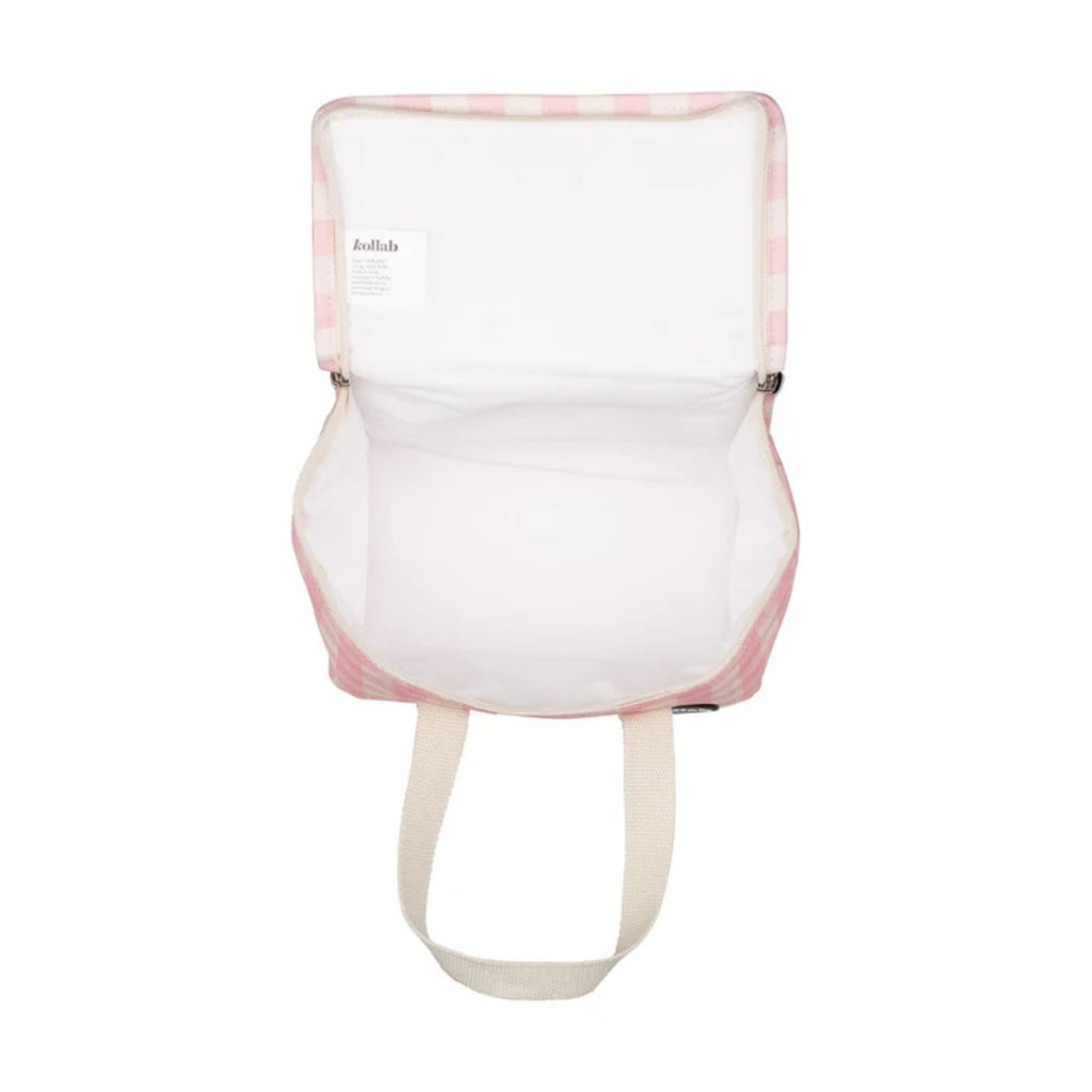 Open lunch bag with white straps and a white inner