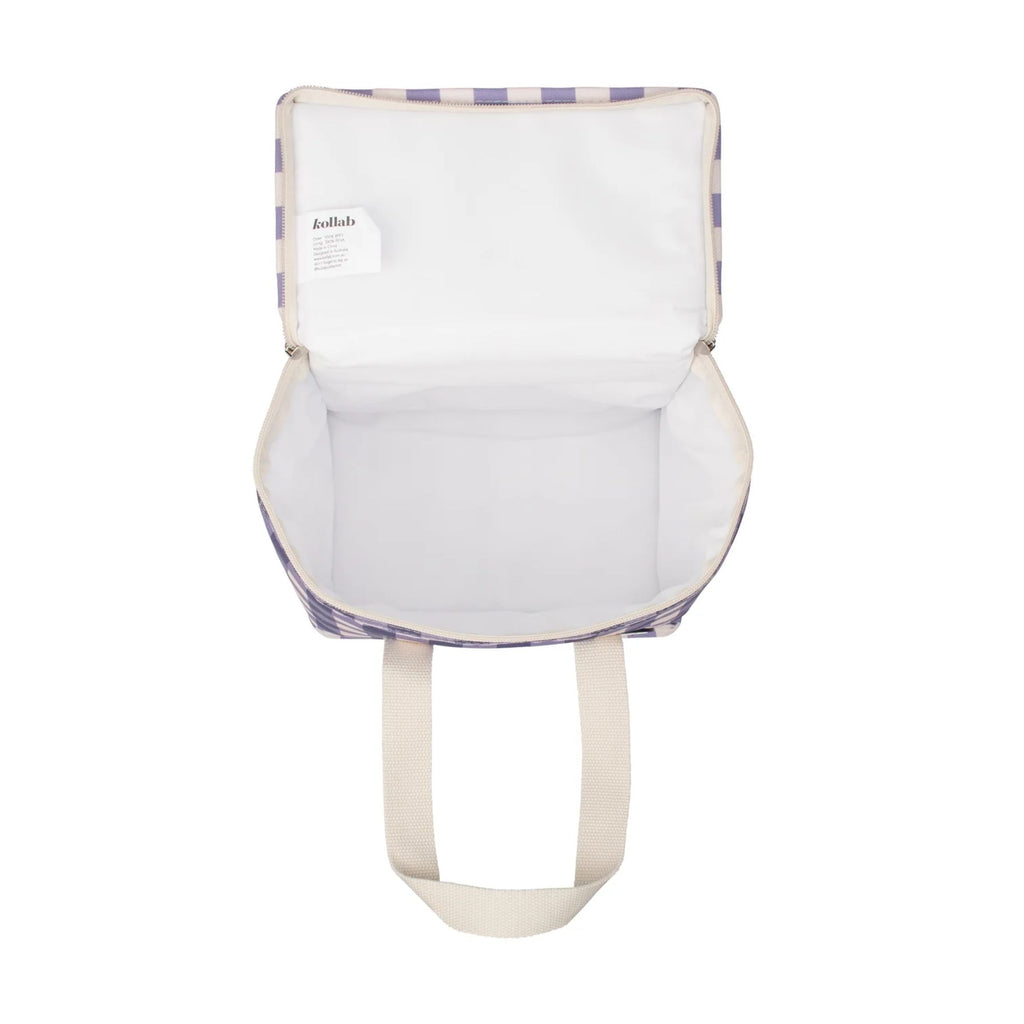 Open lunch bag with white straps and a white inner