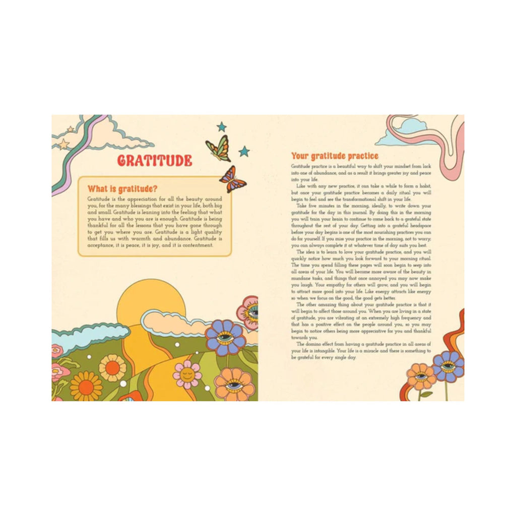 A psychedelic design open journal featuring a page with a landscape illustration and explanation of gratitude and a page of text on gratitude practice   