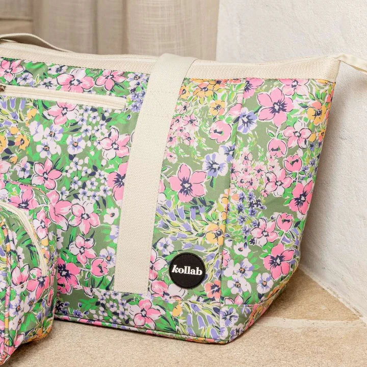 Closed floral tote bag and matching pouch bag