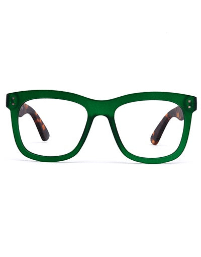 Reading glasses with a green frame and tort arms with a  thick frame. Against a white background