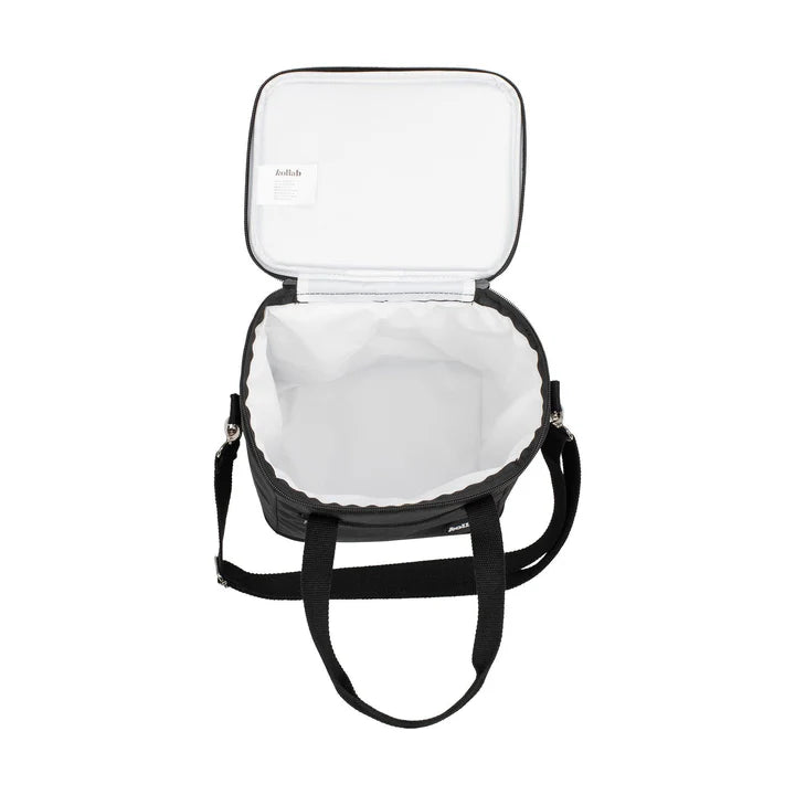 Open black cooler bag with white inner