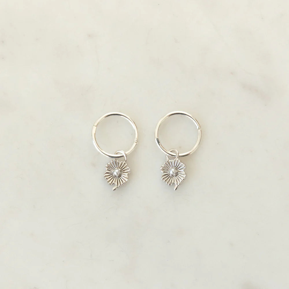 Silver sleeper earrings with a flower pendant and pearl centre