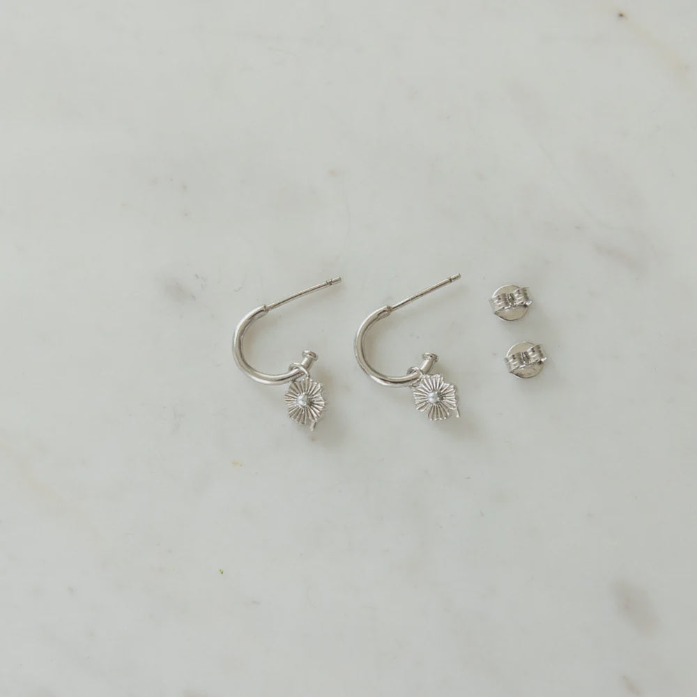 Silver small hoop earrings with a flower pendant and pearl centre