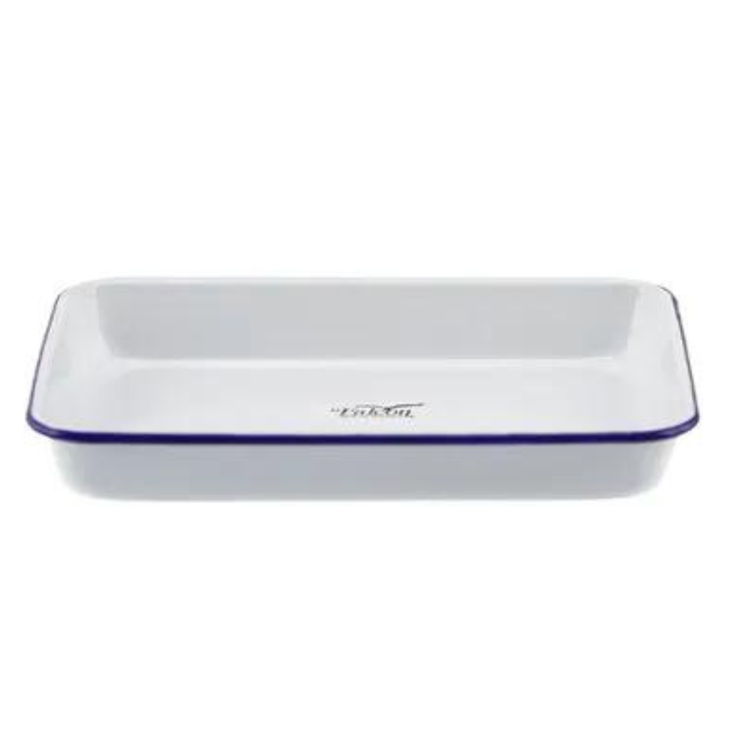 Enamel baking pan rectangular shape. White with a blue rim against a white background